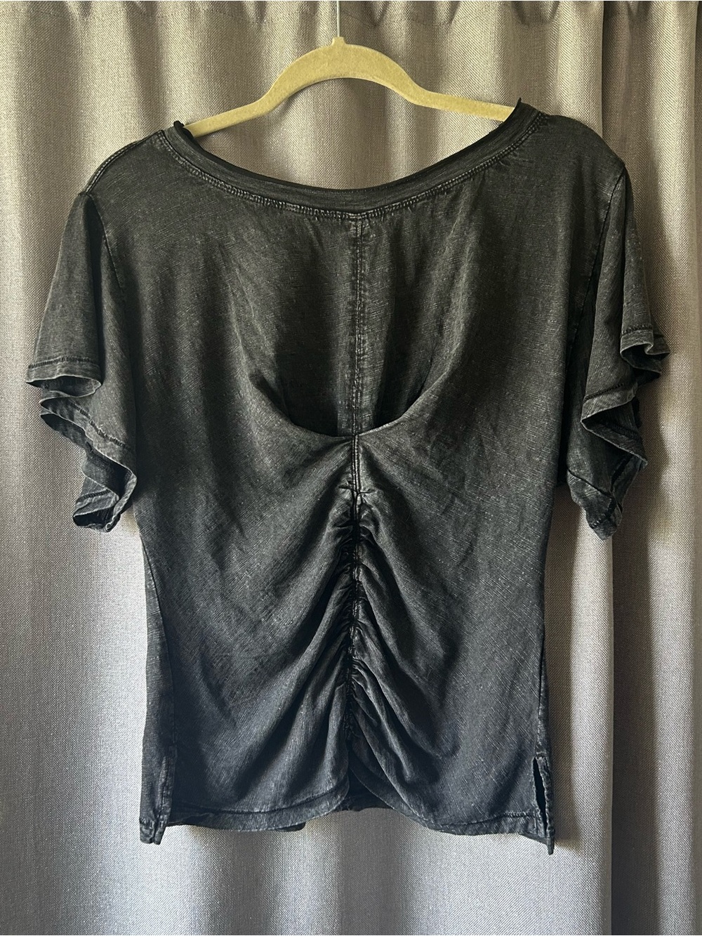 Pilcro Anthropologie Black Acid Wash Flutter Sleeve Ruched Front Top Women S